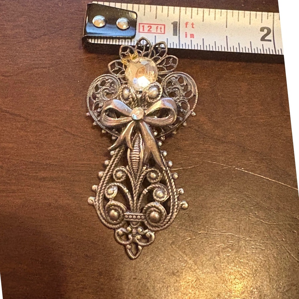 Vintage Angel Brooch Rhinestone Crystal Filigree Metal Charm Pendant, *see pics*